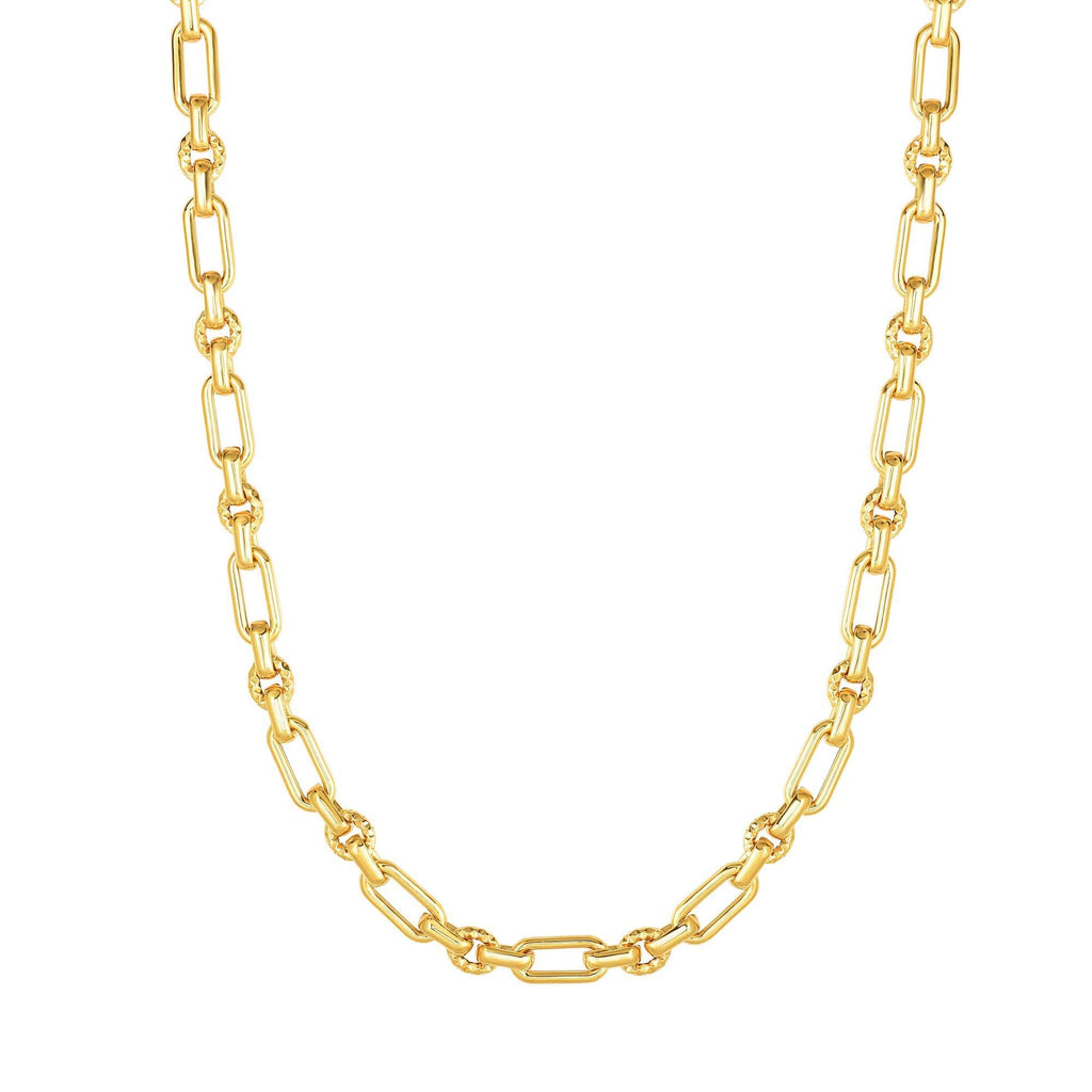 14K Gold Yellow 6.3mm Shiny Diamond-Cut Oval Fancy Link Necklace, Lobster Clasp - JewelStop1