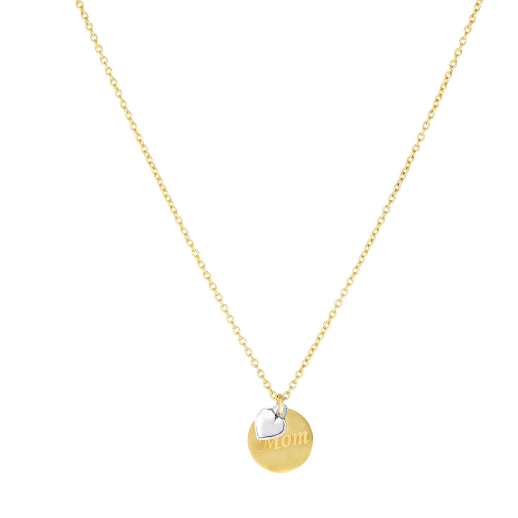 14k Two Tone Gold Engraved "Mom" White Puffed Heart Pendant Necklace - 18" - JewelStop1