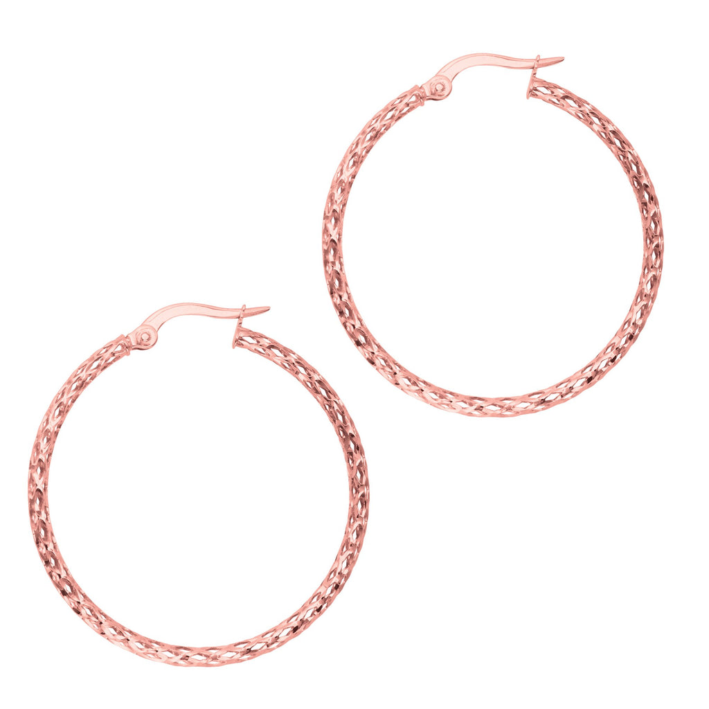 10K Rose Gold Diamond Cut Round Hoop Earrings 1.5x30mm - JewelStop1