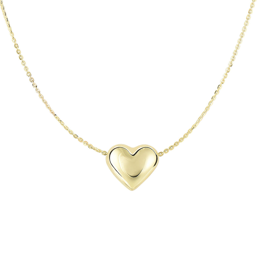 14k Yellow Gold Shiny Sliding Puffed Heart Pendant Necklace - 18" - JewelStop1