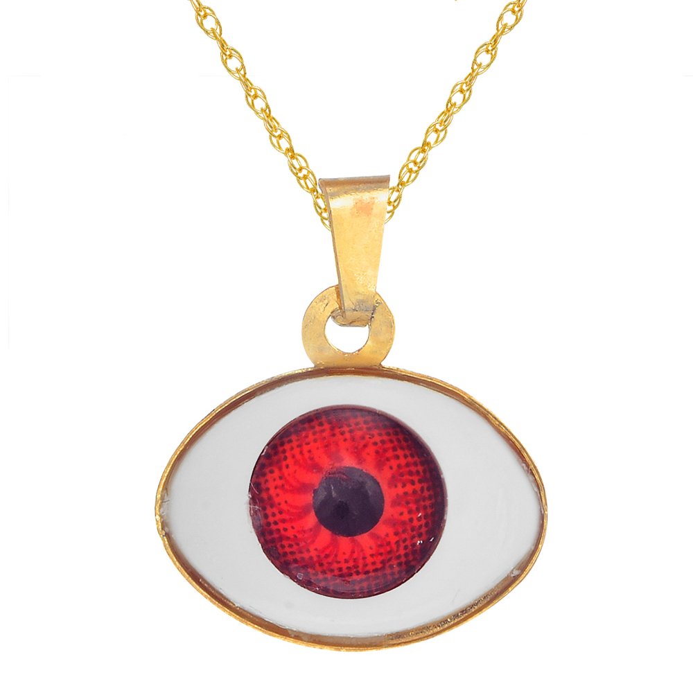 14K Real Yellow Gold Red Evil Eye Charm Pendant Necklace 18" - JewelStop1