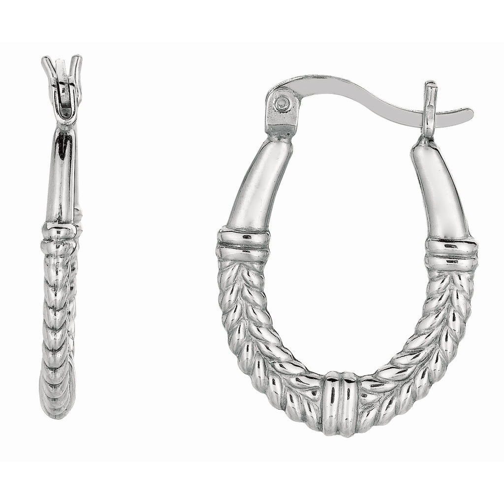Sterling Silver Rhodium Finish Florentine Oval Hoop Earrings - 24 x 2 mm - JewelStop1
