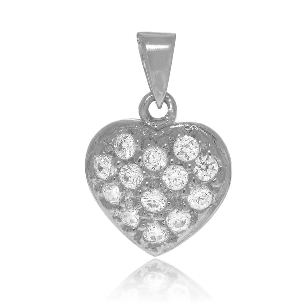 14k Solid White Gold Micro Pave Puff Heart Charm Pendant - JewelStop1