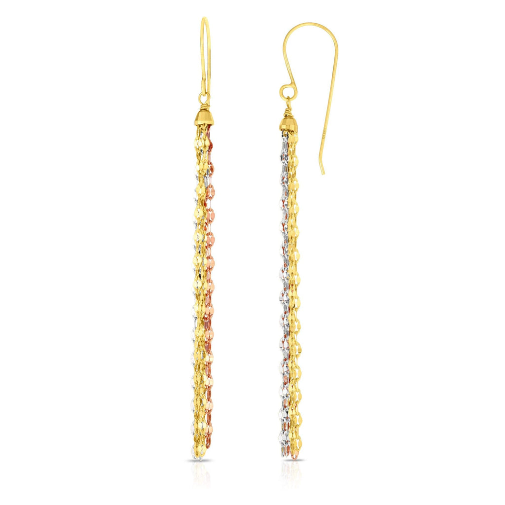 14K Tri-Color Gold 65mm Diamond-Cut Multi-strand Drop Earrings, Euro Wire Clasp - JewelStop1