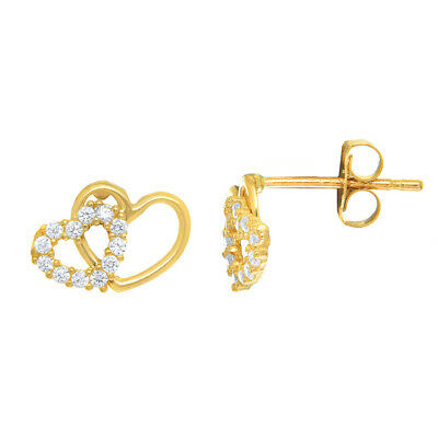 14K Solid Yellow Gold CZ Double Heart Stud Post Earrings Toddler Small - JewelStop1