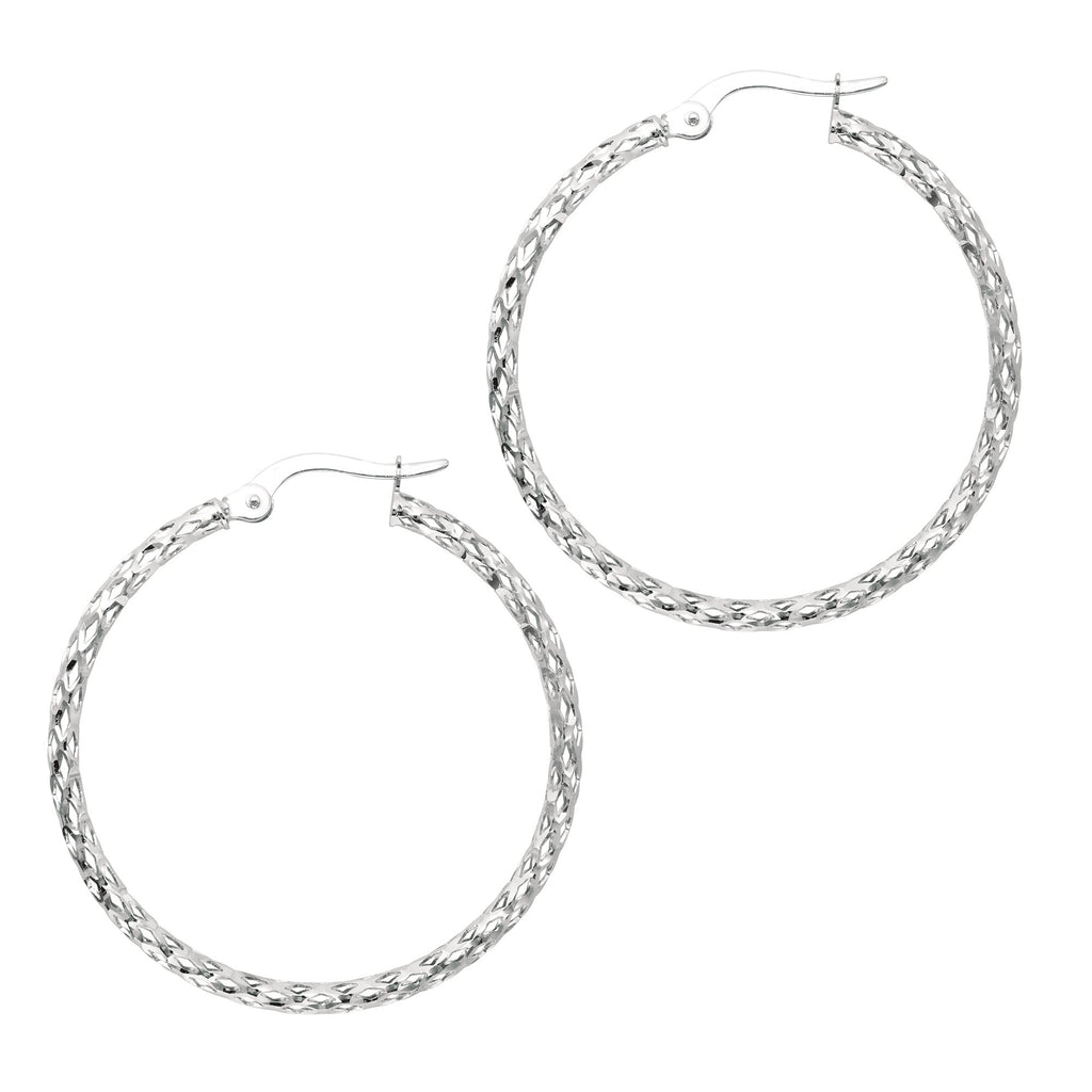 10K White Gold Diamond Cut Round Hoop Earrings 1.5x30mm - JewelStop1