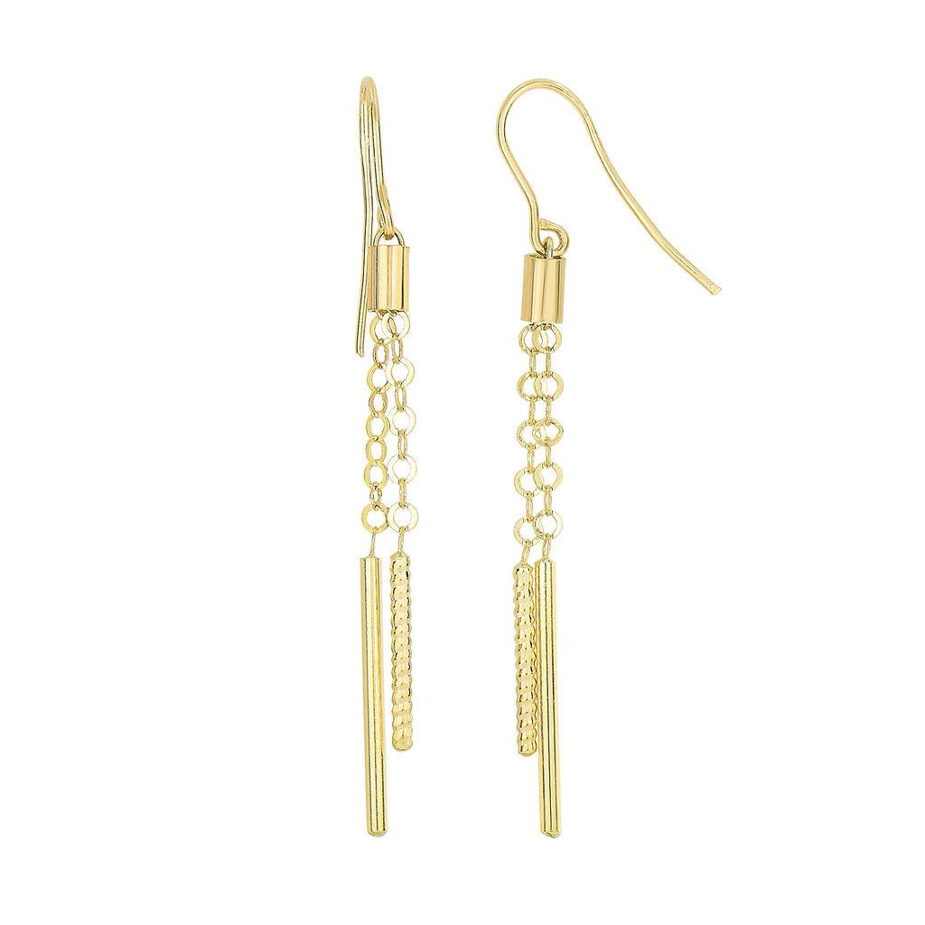 14k Yellow Gold Cylinder Bar Earrings, Fishhook Clasp - 2 X 40mm - JewelStop1