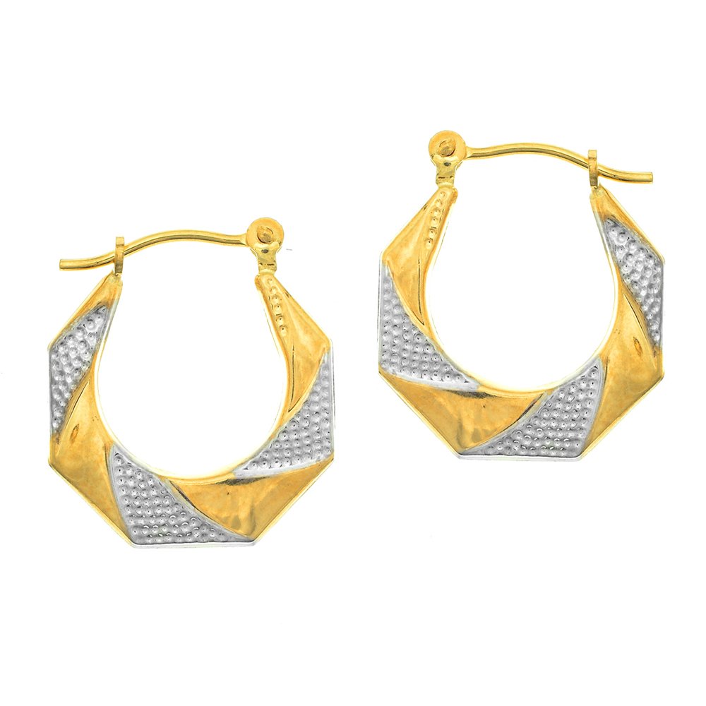 14K Two Tone Yellow White Rhodium Textured Round Hoop Earrings 15mm - JewelStop1