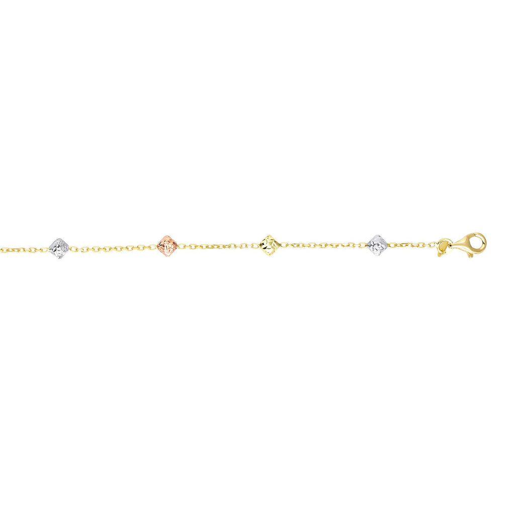 14K Tri-Color Gold 4.6mm Diamond-Cut Bead Cable Bracelet, Lobster Clasp 7.5" - JewelStop1