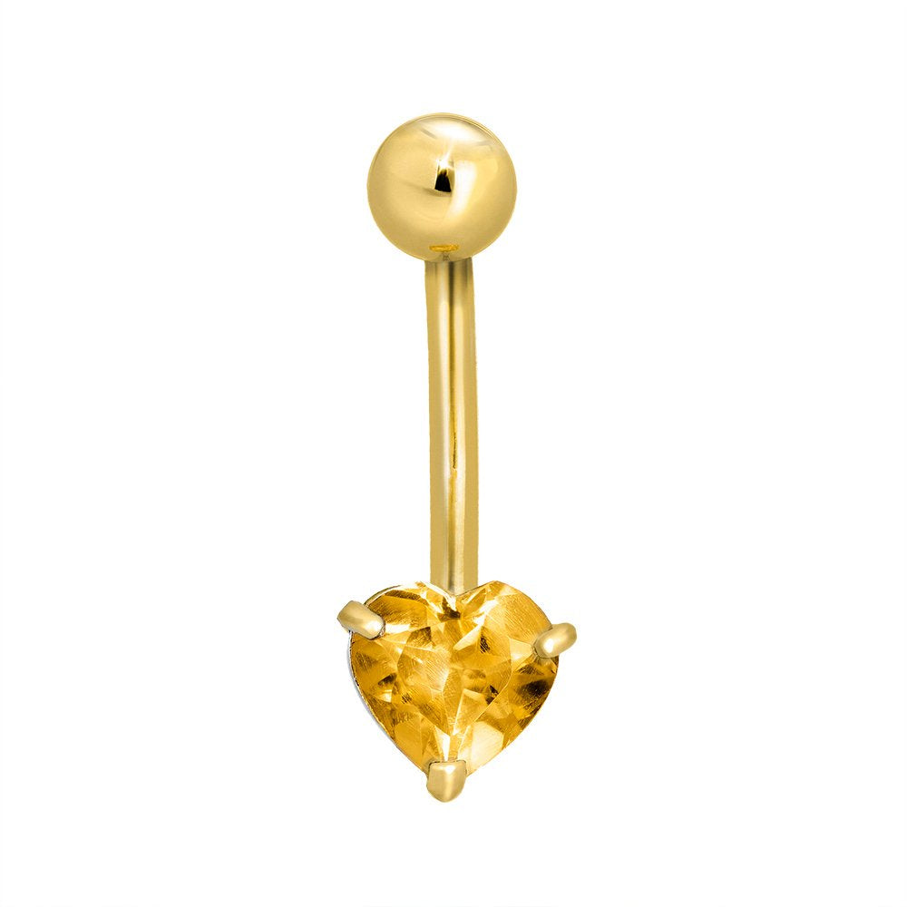 14k Solid Gold Yellow Citrine Heart Navel Belly Ring Body Jewelry - JewelStop1