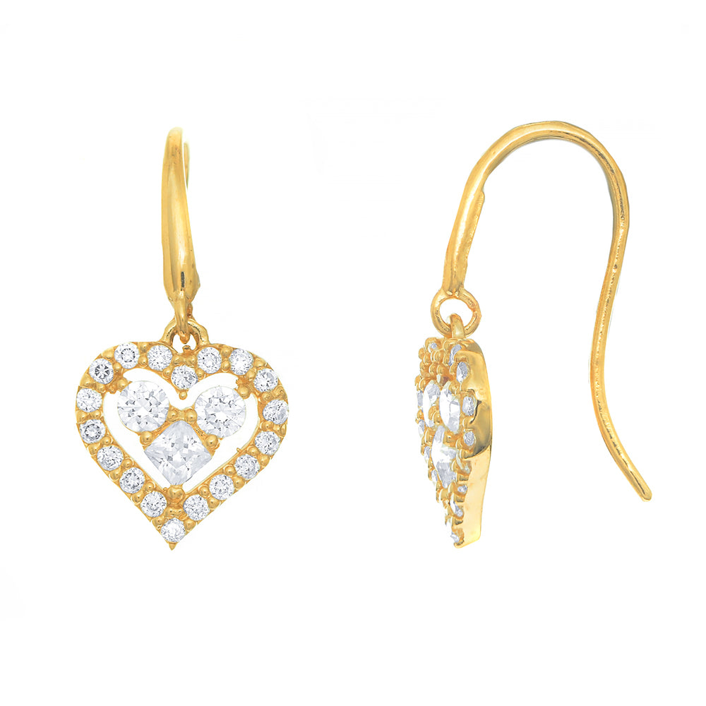14K Solid Yellow Gold CZ Heart Dangle Shepherds Hook Wire Earrings - JewelStop1