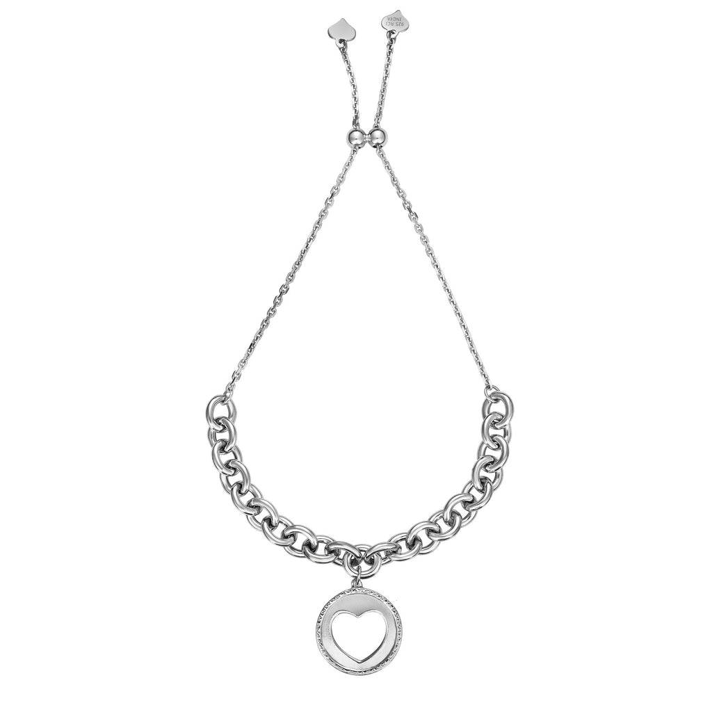 .925 Sterling Silver Fancy Link Chain Bracelet w/ Heart Charm, Draw String Clasp - JewelStop1