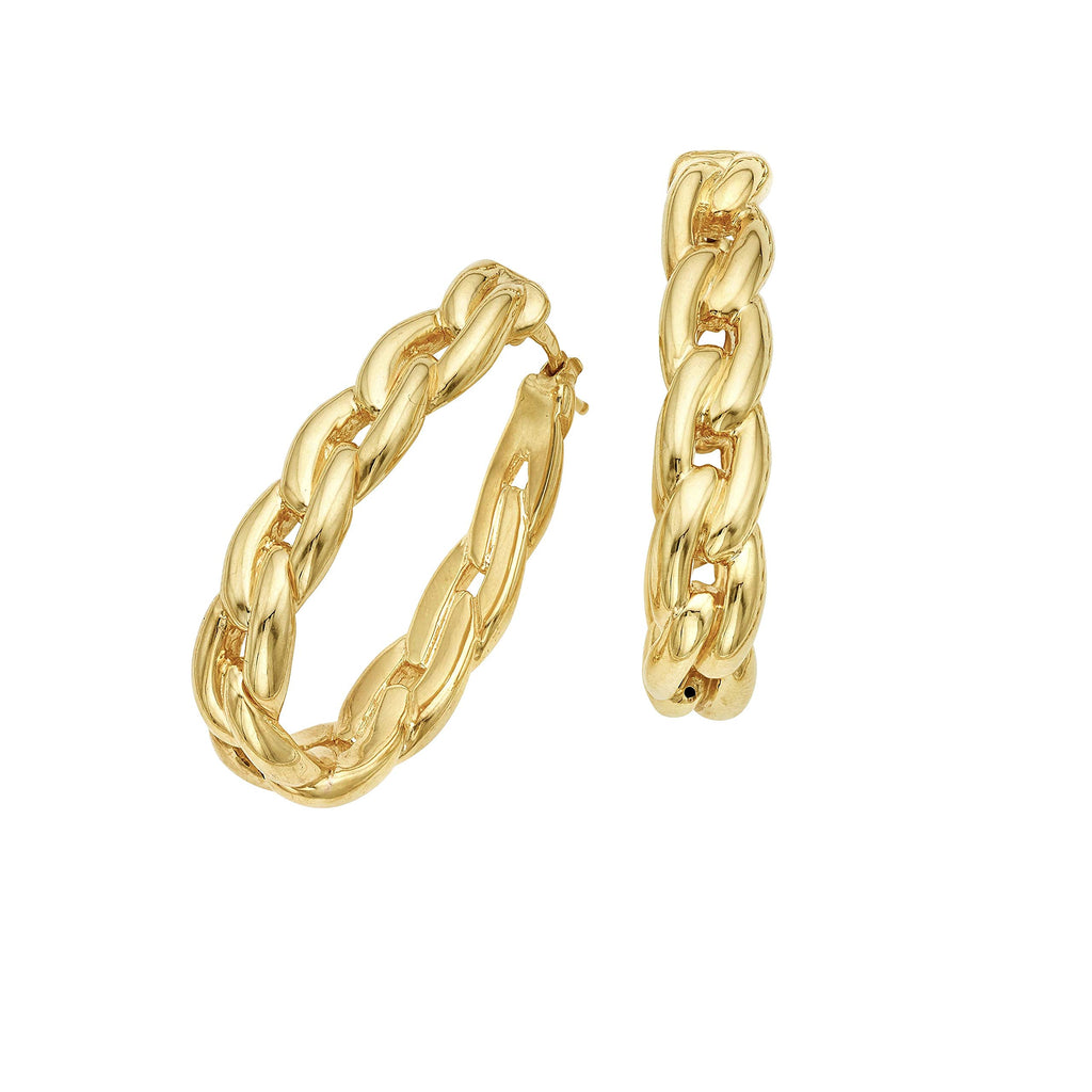 14K Yellow Gold Polished Graduated Hoop Curb Link Earrings with Hinged Clasp - JewelStop1