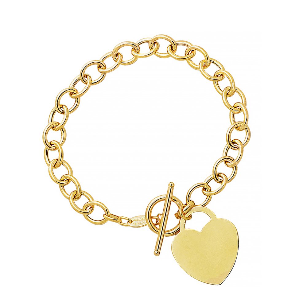 14K Solid Yellow Gold link Toggle 6mm Bracelet Heart Tag 7.5" - JewelStop1
