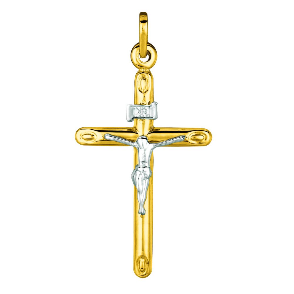 14K Two Tone Tubular Crucifix INRI Cross Charm Pendant - JewelStop1