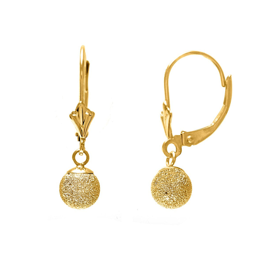 14k Real Yellow Gold 6mm Textured Ball Dangle Lever Back Earrings - JewelStop1