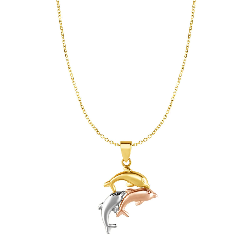 10k Tri Color Gold Dolphin Pendant On Cable Chain Necklace, Lobster Clasp - 18" - JewelStop1