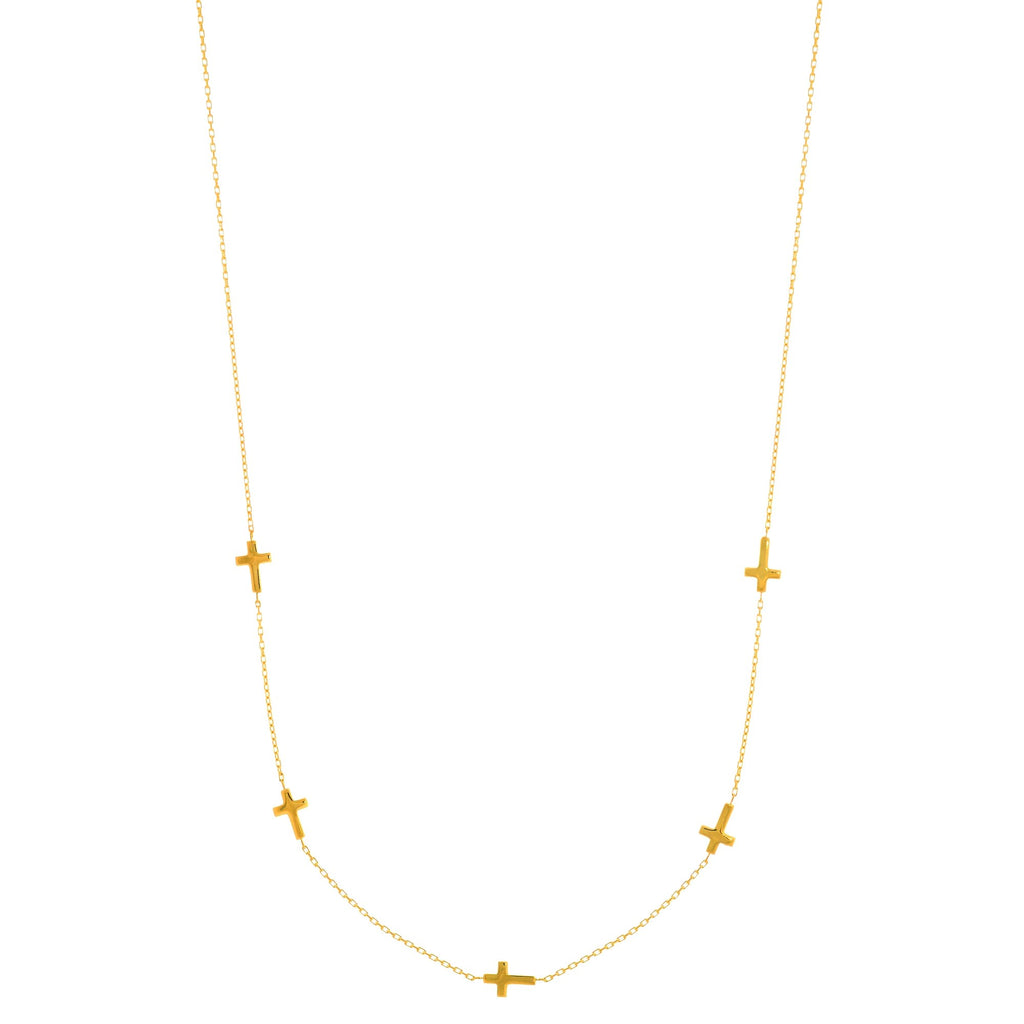 14k Yellow Gold Shiny 5-Side Way Cross Stationed Diamond-Cut Cable Necklace 17" - JewelStop1