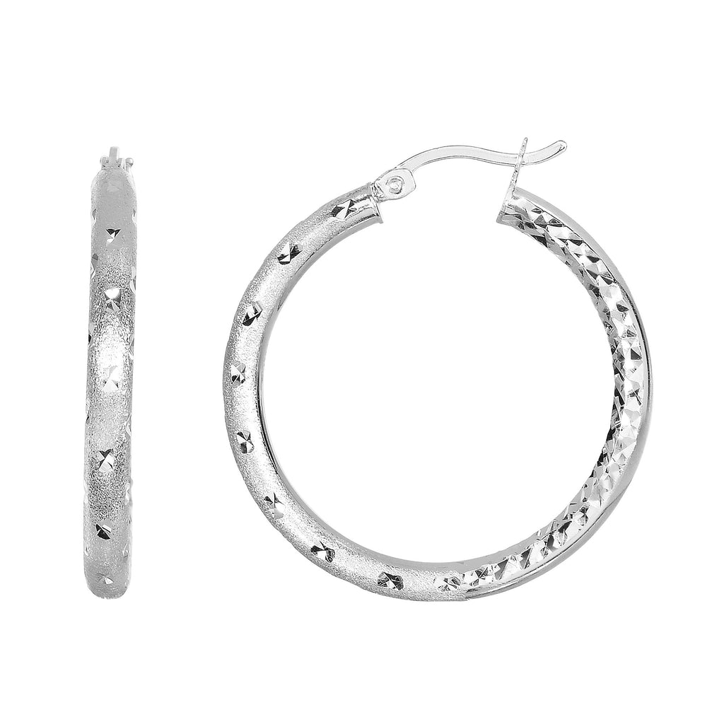 925 Sterling Silver Rhodium Textured Round Hoop Earrings - 4x32mm - JewelStop1