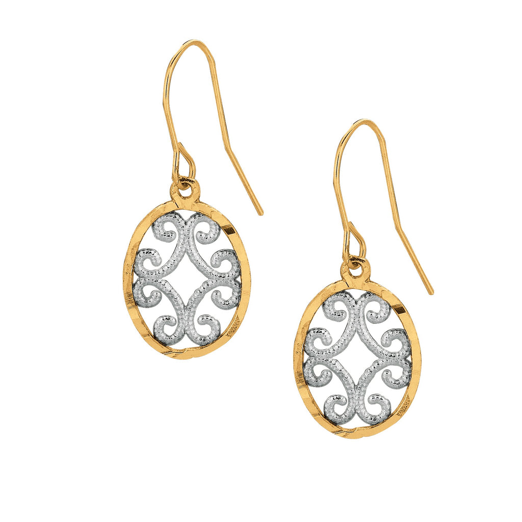 10K Two Tone Gold Diamond-Cut Filigree Fancy Dangle Earrings - JewelStop1