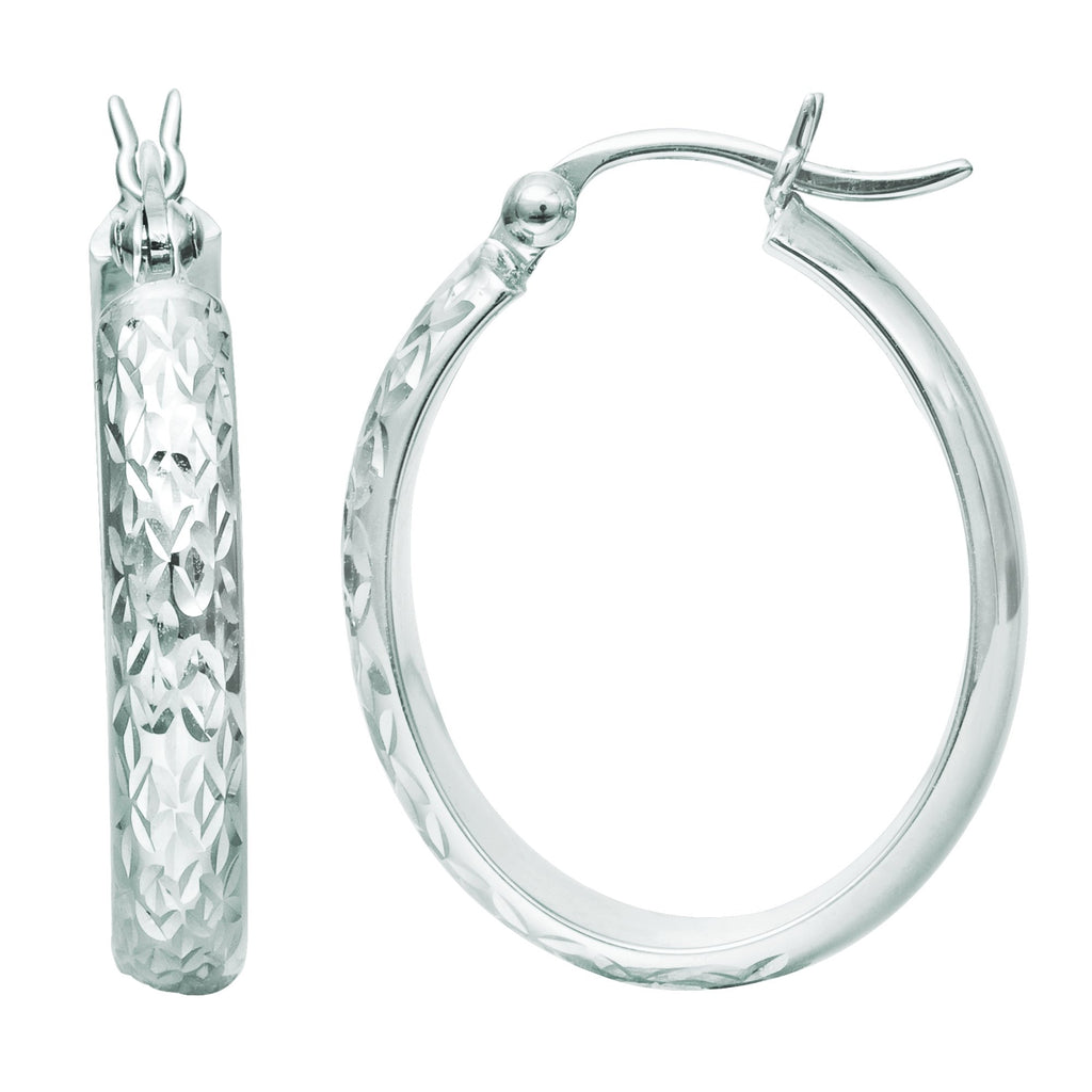 10K White Gold Shiny Oval Diamond Cut Sparkle Hoop Earrings 4mm - JewelStop1