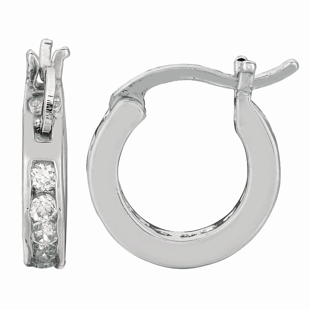 Sterling Silver Rhodium Finish Clear Cubic Zirconia Hoop Earrings - 3x13mm - JewelStop1