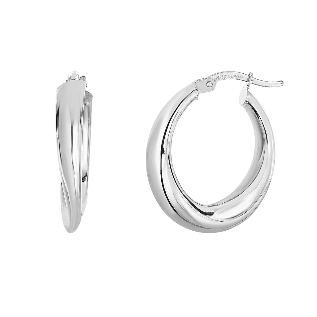 14K White Gold 4.7x13x18mm Shiny Oval Graduated Hoop Earrings, Hinged Clasp - JewelStop1