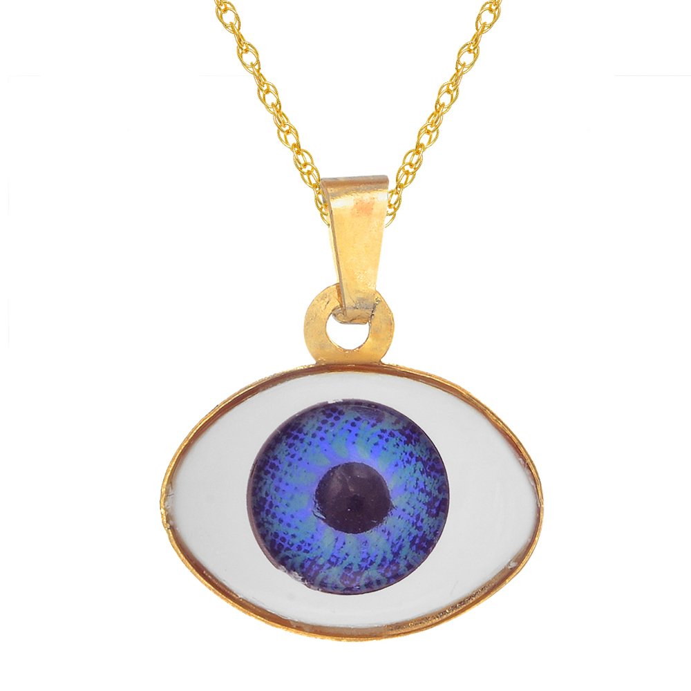14K Real Yellow Gold Blue Evil Eye Charm Pendant Necklace 18" - JewelStop1