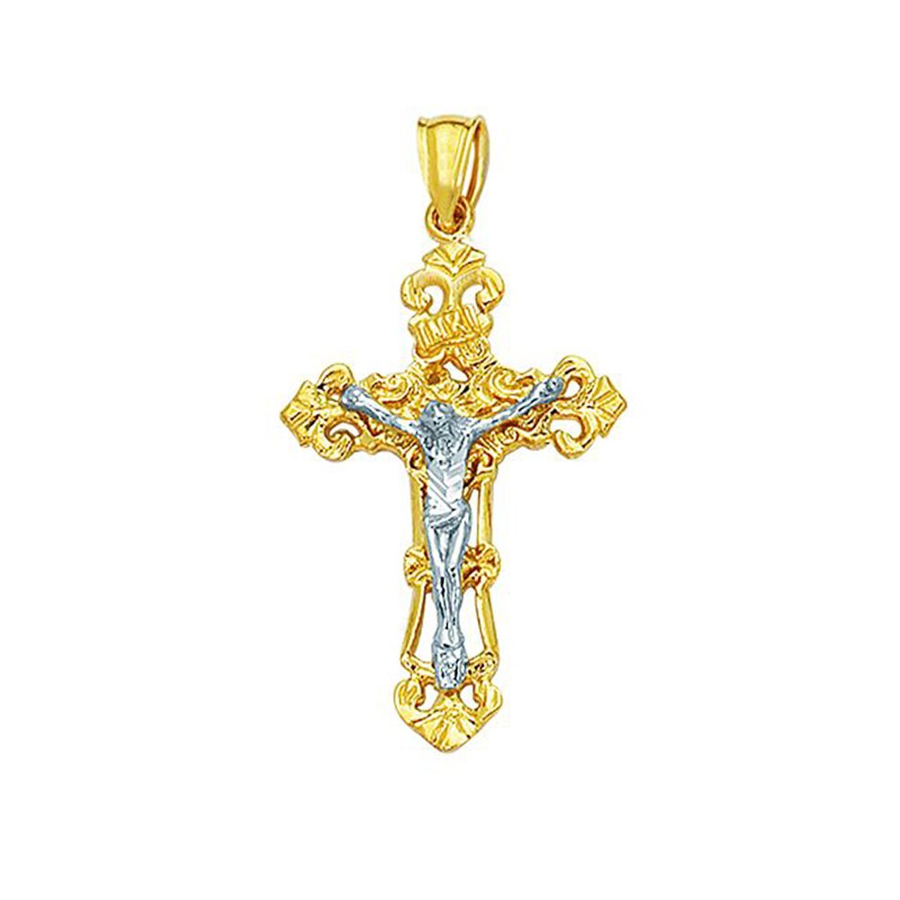 14K Two Tone Gold Filigree Crucifix Cross Pendant - JewelStop1