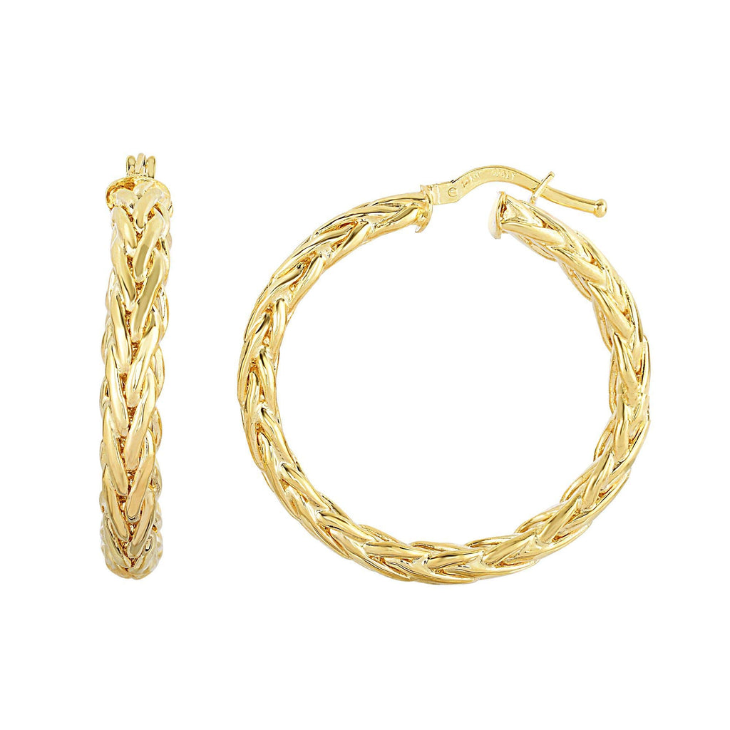 Designer 14K Yellow Gold 5X30mm Braided Domed Round Hoop Fancy Earrings, Hinged Clasp - JewelStop1