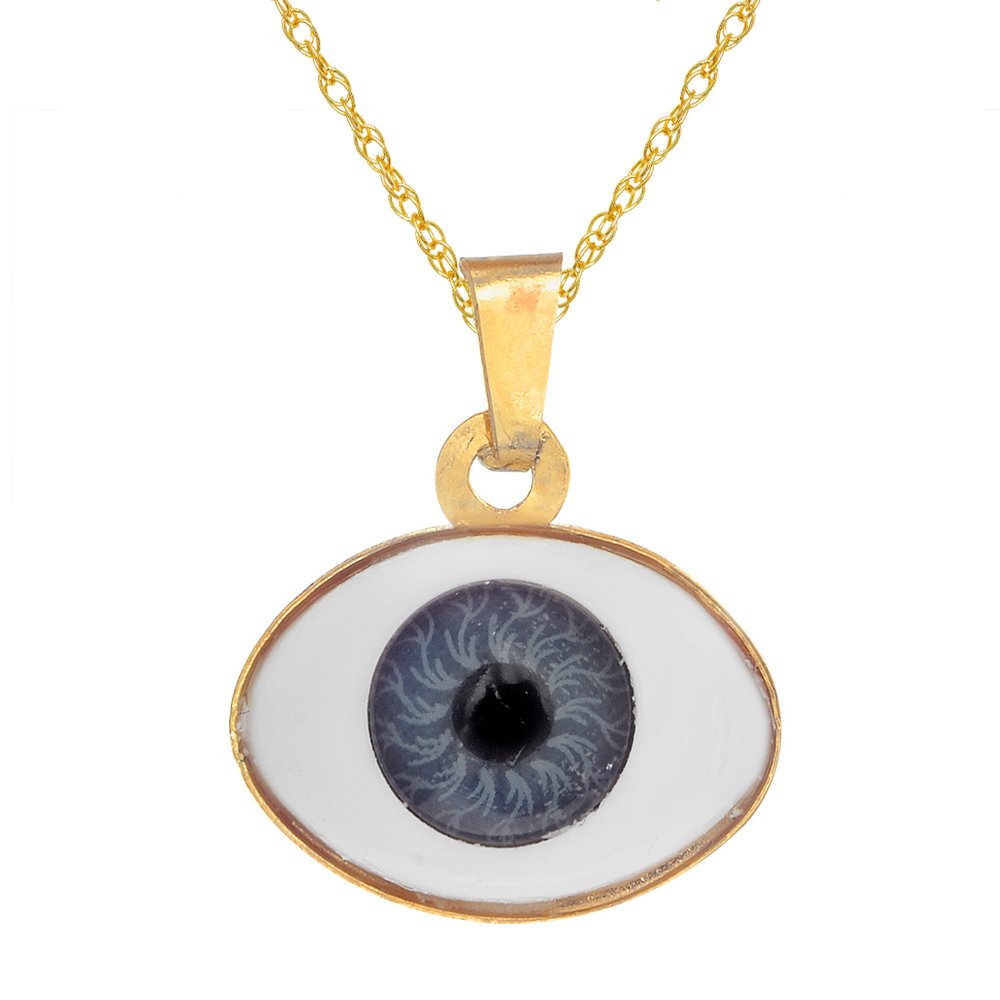 14K Real Yellow Gold Grey Evil Eye Charm Pendant Necklace 18" - JewelStop1