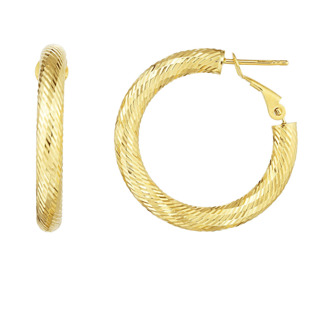 14K Yellow Gold 4x28.5x28.5mm Diamond-Cut Hoop Earrings with Snap Clasp - JewelStop1