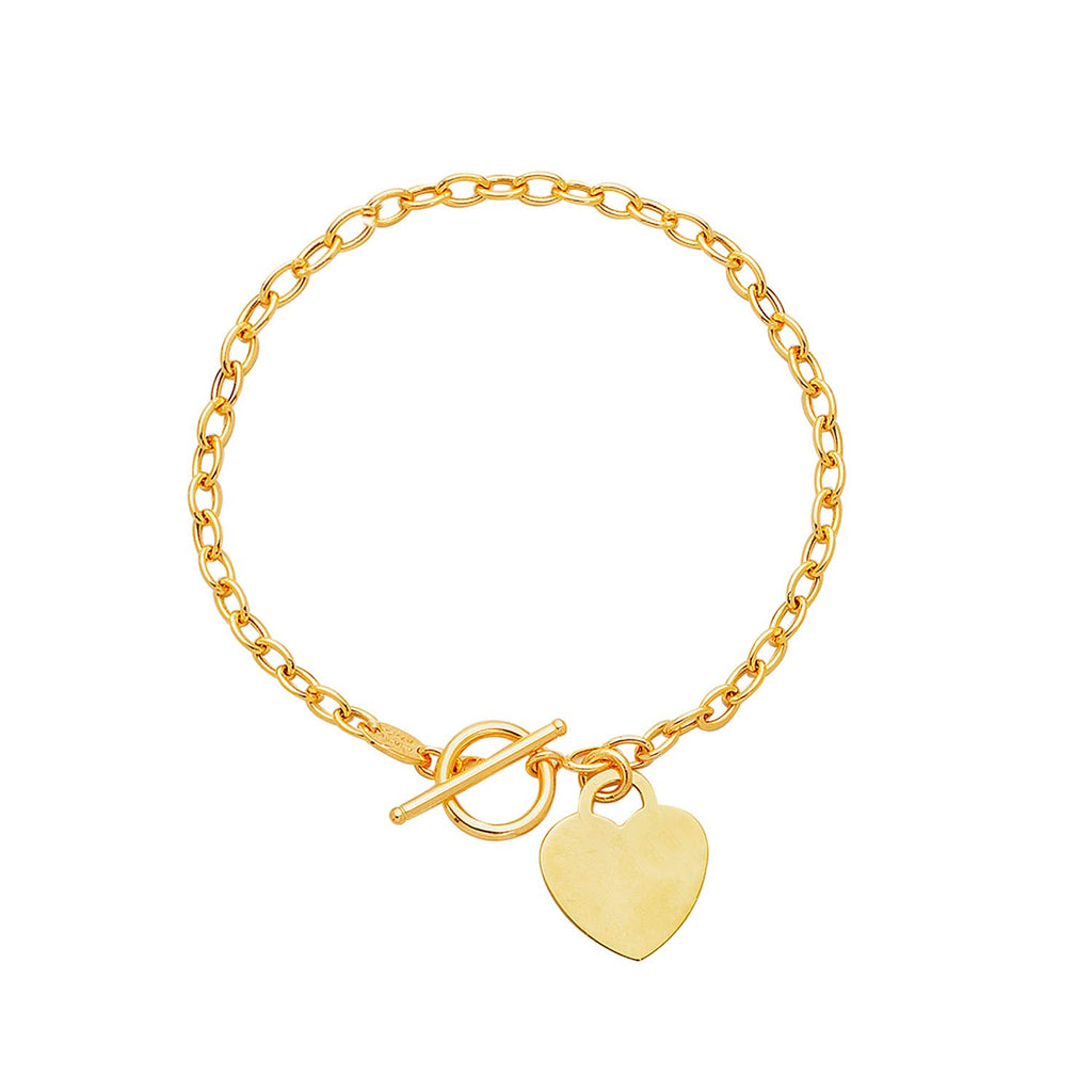 14K Solid Yellow Gold link Toggle 3mm Bracelet Heart Tag 7.5" - JewelStop1