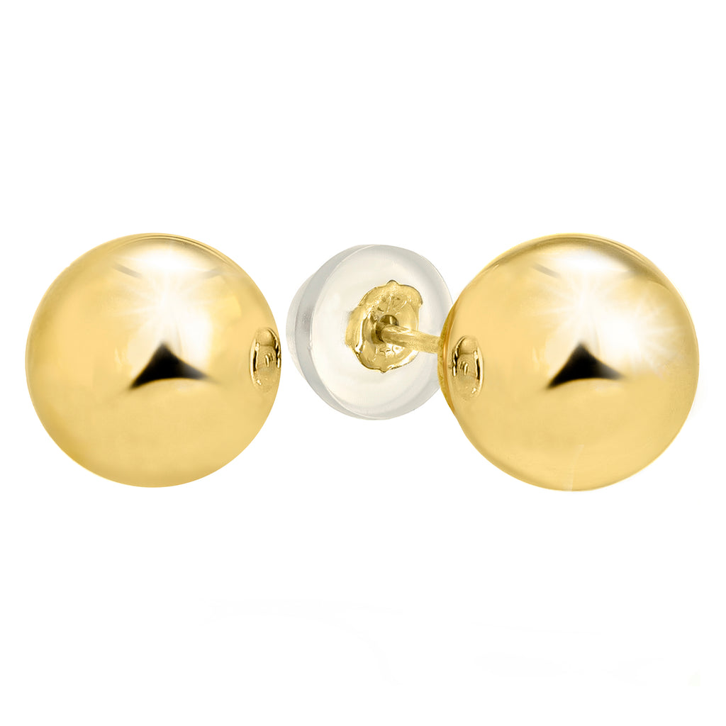 14k Yellow Gold Ball Stud Earrings - 2mm 3mm 4mm 5mm 6mm 7mm 8mm 10mm (10mm Silicone Covered Gold Pushbacks) - JewelStop1