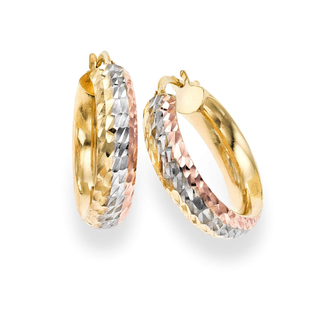 14K Tri-Color Gold 5.5x17mm Diamond-Cut Round Hoop Fancy Earrings, Hinged Clasp - JewelStop1