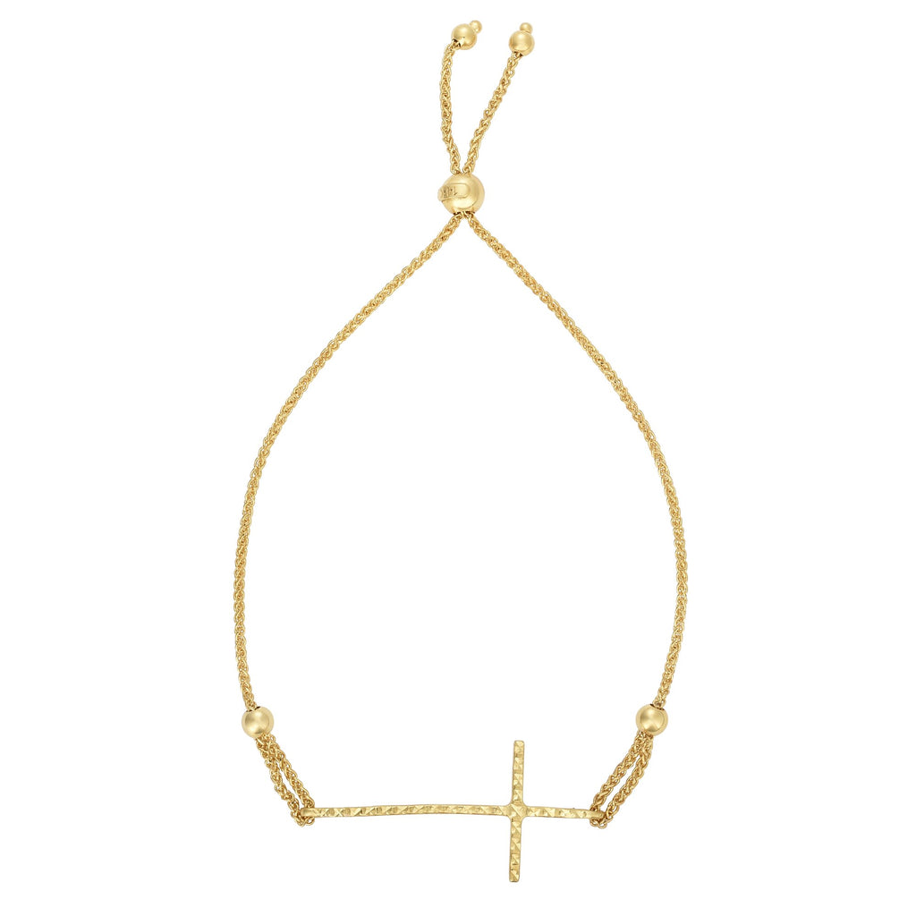 14k Yellow Gold Diamond-Cut Sideways Cross Adjustable Wheat Chain Bracelet - JewelStop1
