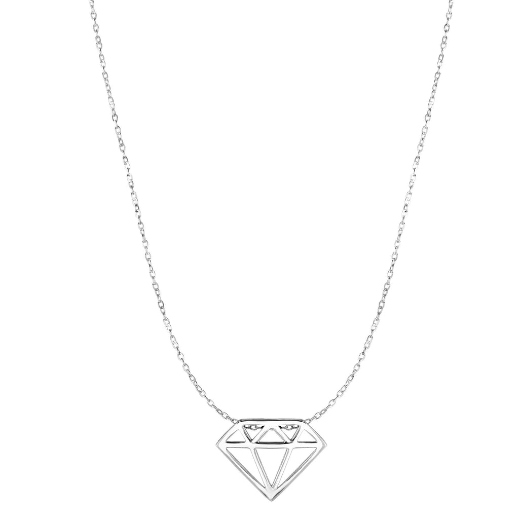 14k Shiny White Gold Diamond Shape Pendant Necklace, Spring Ring Clasp - 17" - JewelStop1