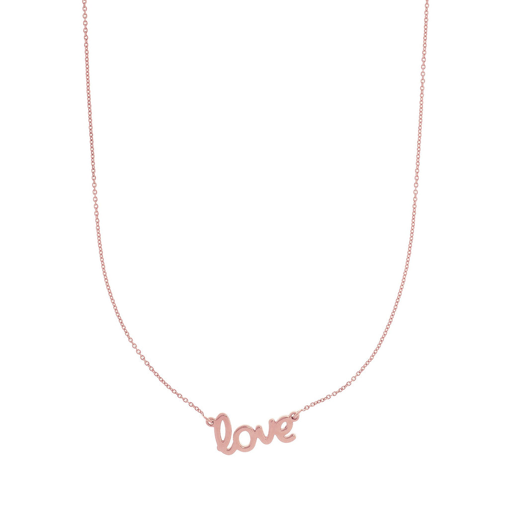 14k Rose Gold Shiny Flat Scripted Medium "Love" on Round Rolo Chain - 18" - JewelStop1