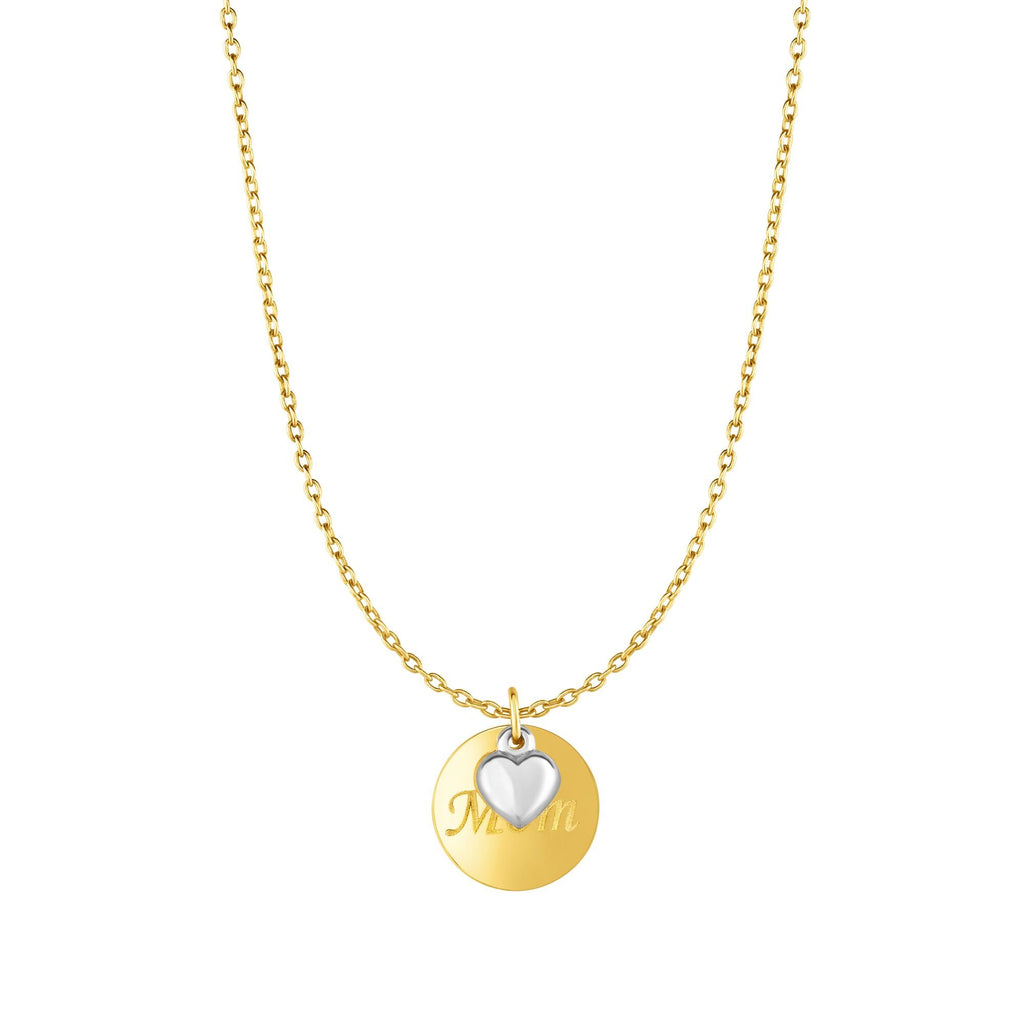 10k Yellow Gold Round "mom" Disc And White Gold Puffed Heart Necklace - 18" - JewelStop1