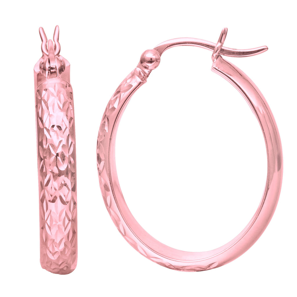 10K Rose Gold Shiny Oval Diamond Cut Sparkle Hoop Earrings 4mm - JewelStop1