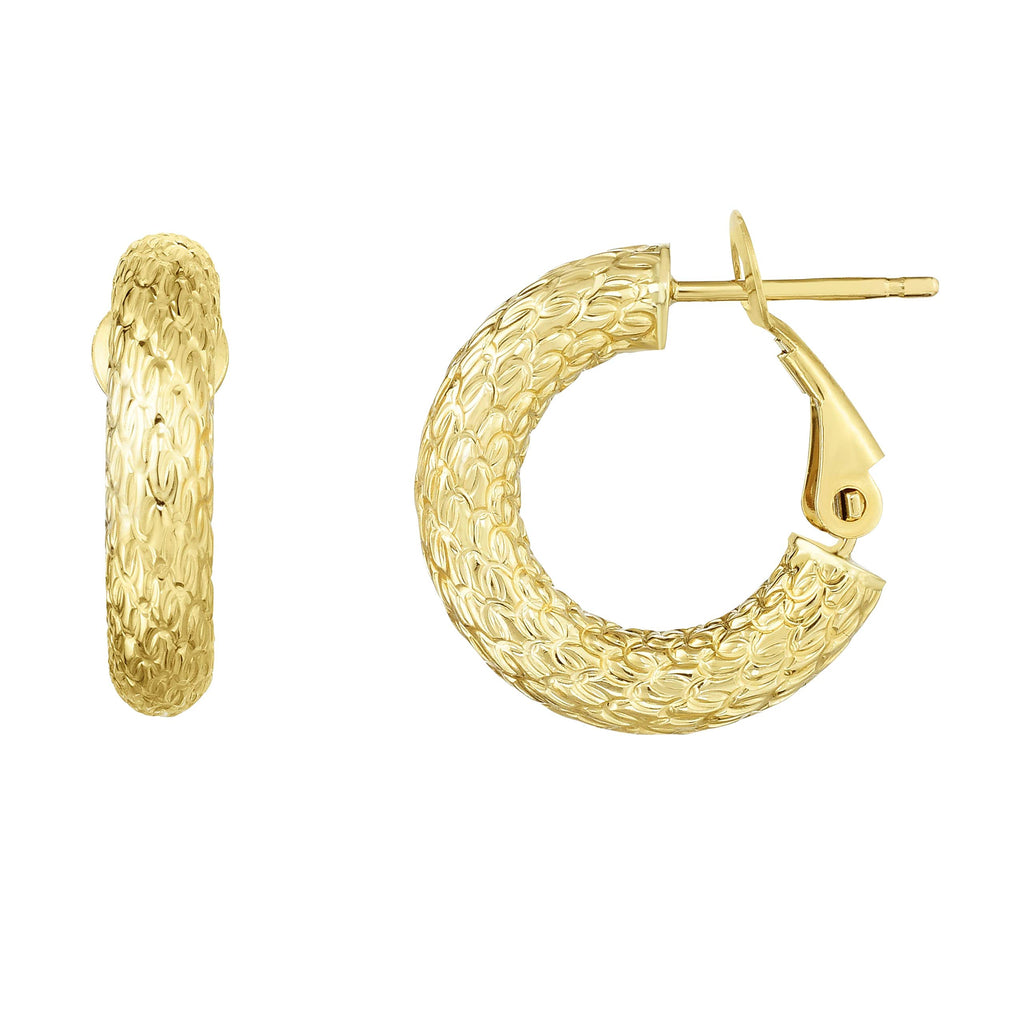 14K Yellow Gold 4x18x17.5mm Textured Hoop Earrings with Snap Clasp - JewelStop1