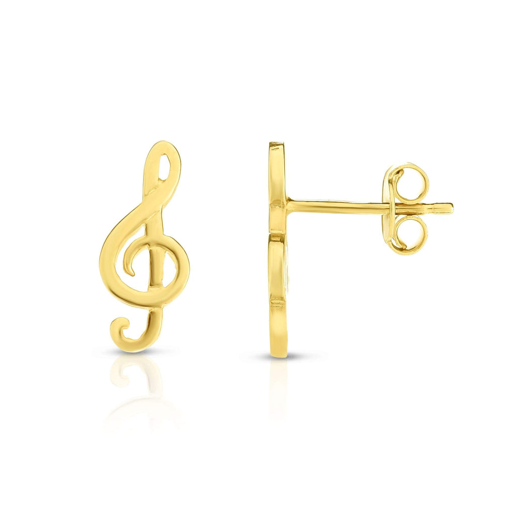 14K Yellow Gold Finish 6x14mm Shiny Treble Clef Post Earrings, Push Back Clasp - JewelStop1
