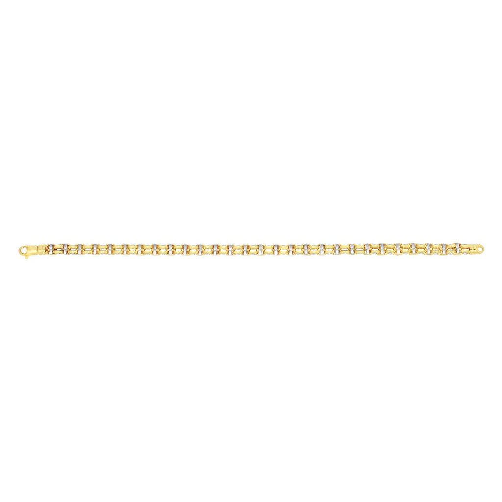 14K Two Tone Gold 4mm Alternate Double Oval Link Square Grid Men's Bracelet - JewelStop1