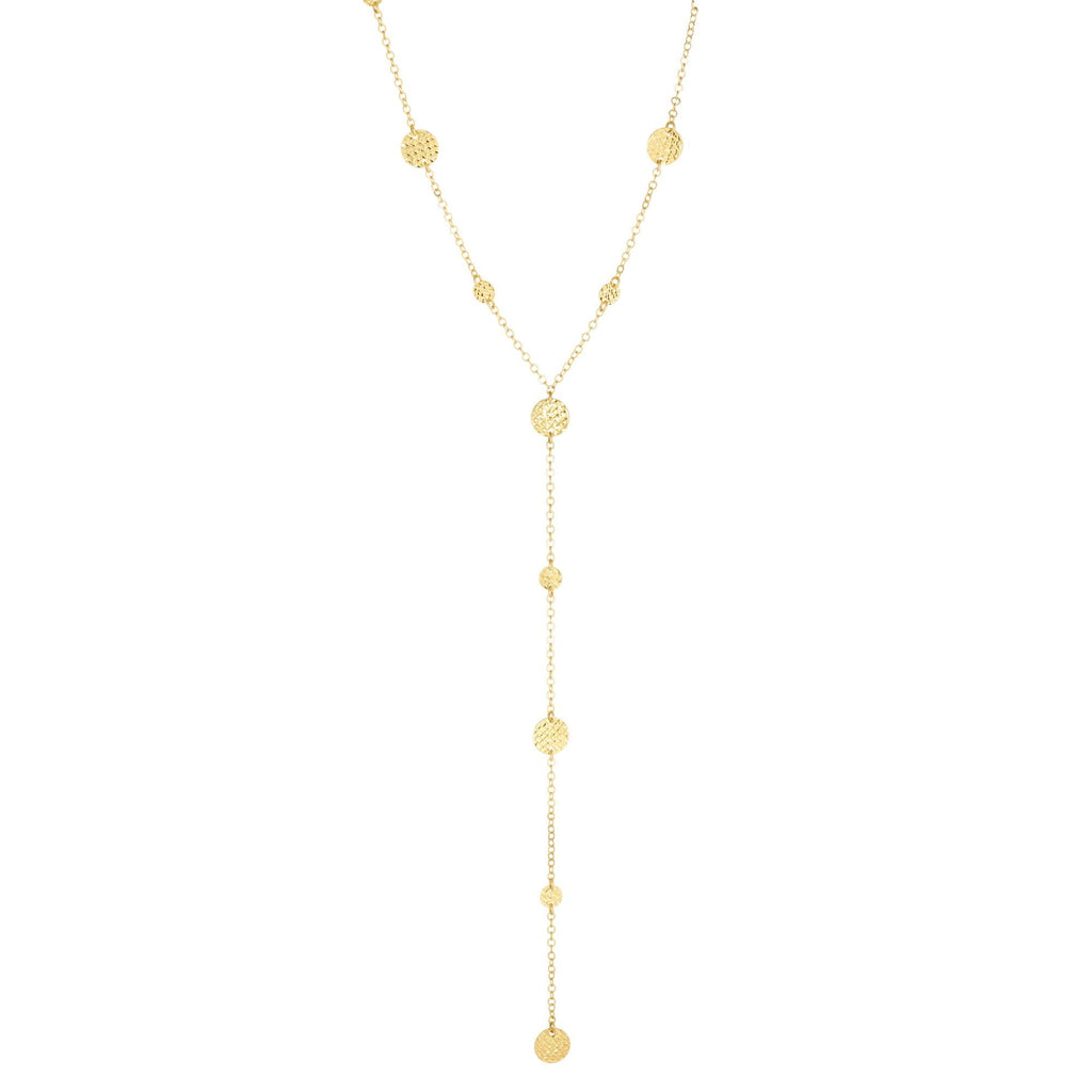 14K Yellow Gold Diamond-Cut Flat Bead Stationed Lariat Necklace - 17" - JewelStop1