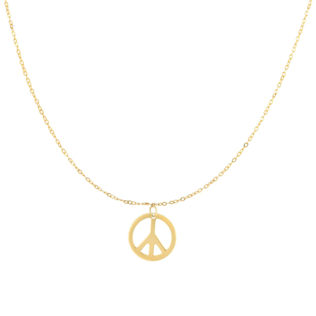 14k Yellow Gold Shiny Center Open Silhoutte Peace Symbol Anchored to Link Chain - JewelStop1