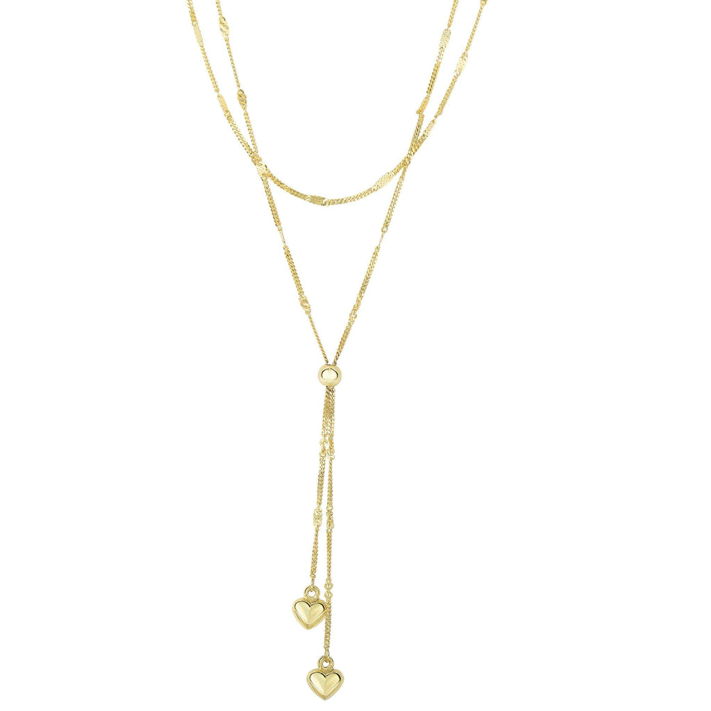 14K Yellow Gold Hanging Puffed Heart Gourmette Fancy Necklace, Lobster Clasp 17" - JewelStop1