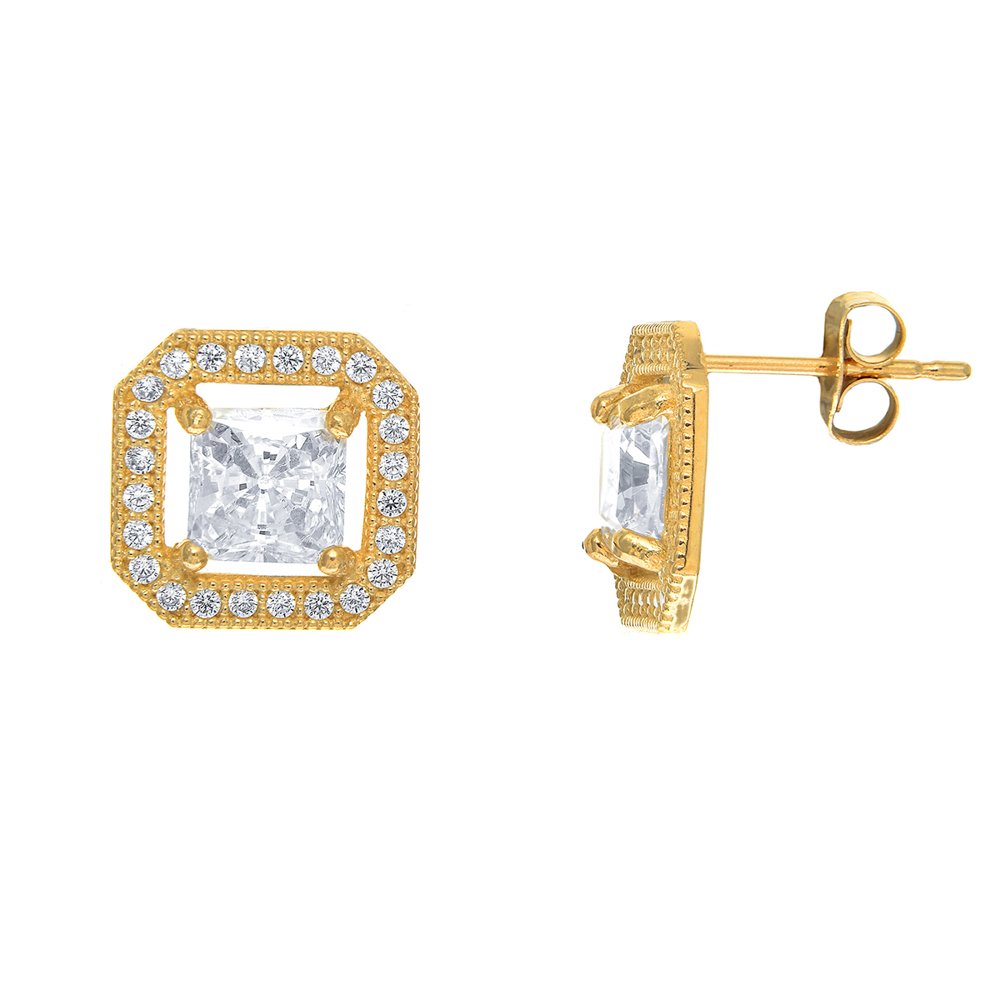 14K Yellow Gold Solitaire CZ MicroPave Stud Post Earrings - JewelStop1