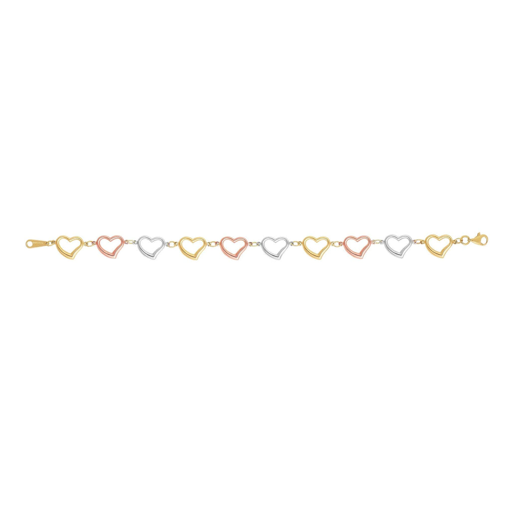 14K Tri-Color Gold 9.7mm Shiny Graduated Open Heart Bracelet, Lobster Clasp - JewelStop1