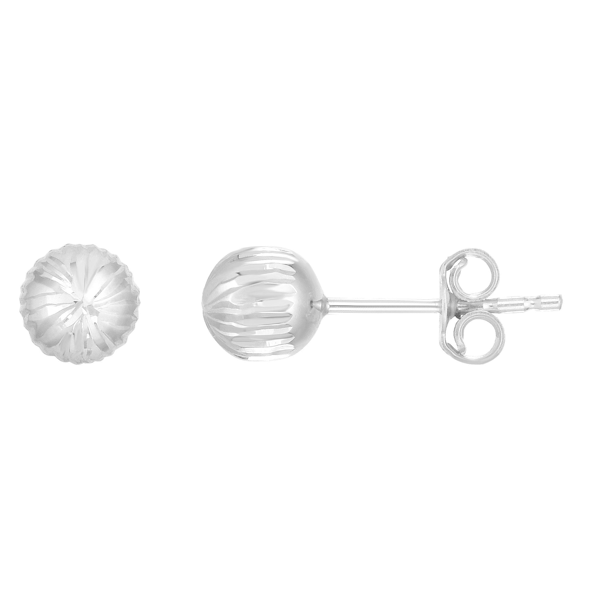 14K White Gold 5mm Ball Stud Earrings with Linear Cut Finish and