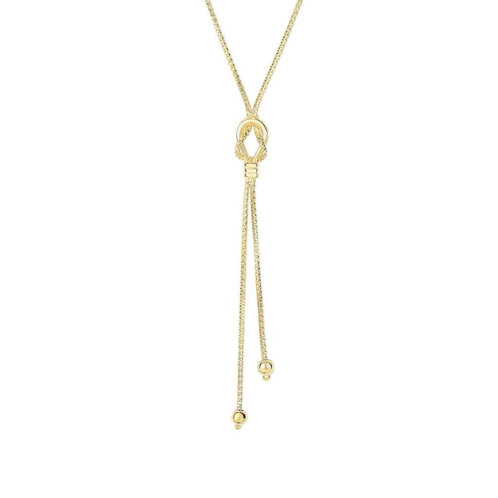 14K Yellow Gold 7.5-1.3mm Diamond-Cut 2 Bead Knot 1.3mm Popcorn Lariat Necklace - JewelStop1